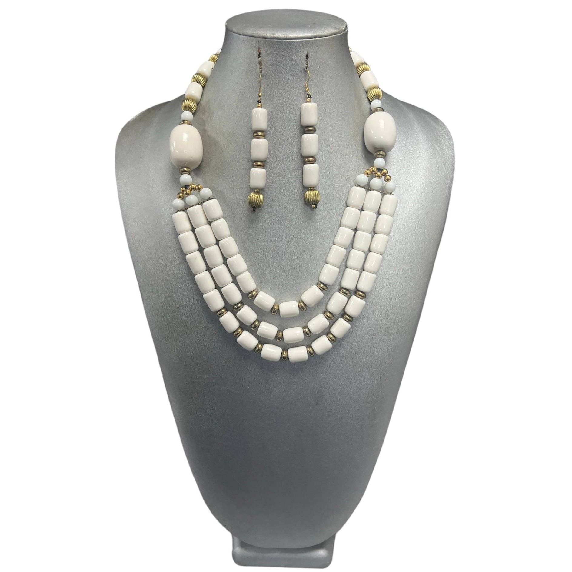 White Triple Strand Wooden Beaded Necklace Set