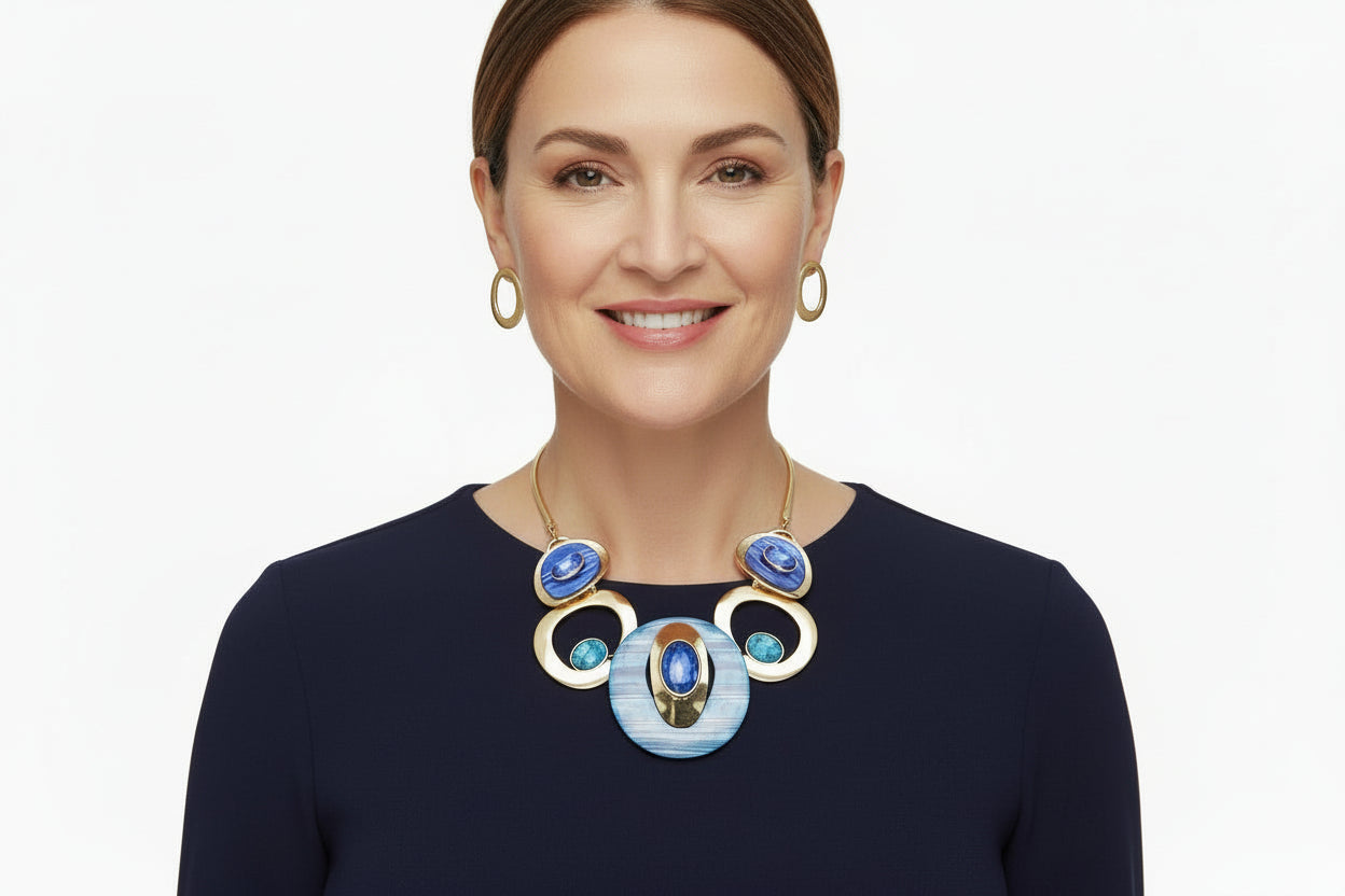 Elegant Shades of Blue & Gold Collar Necklace Set