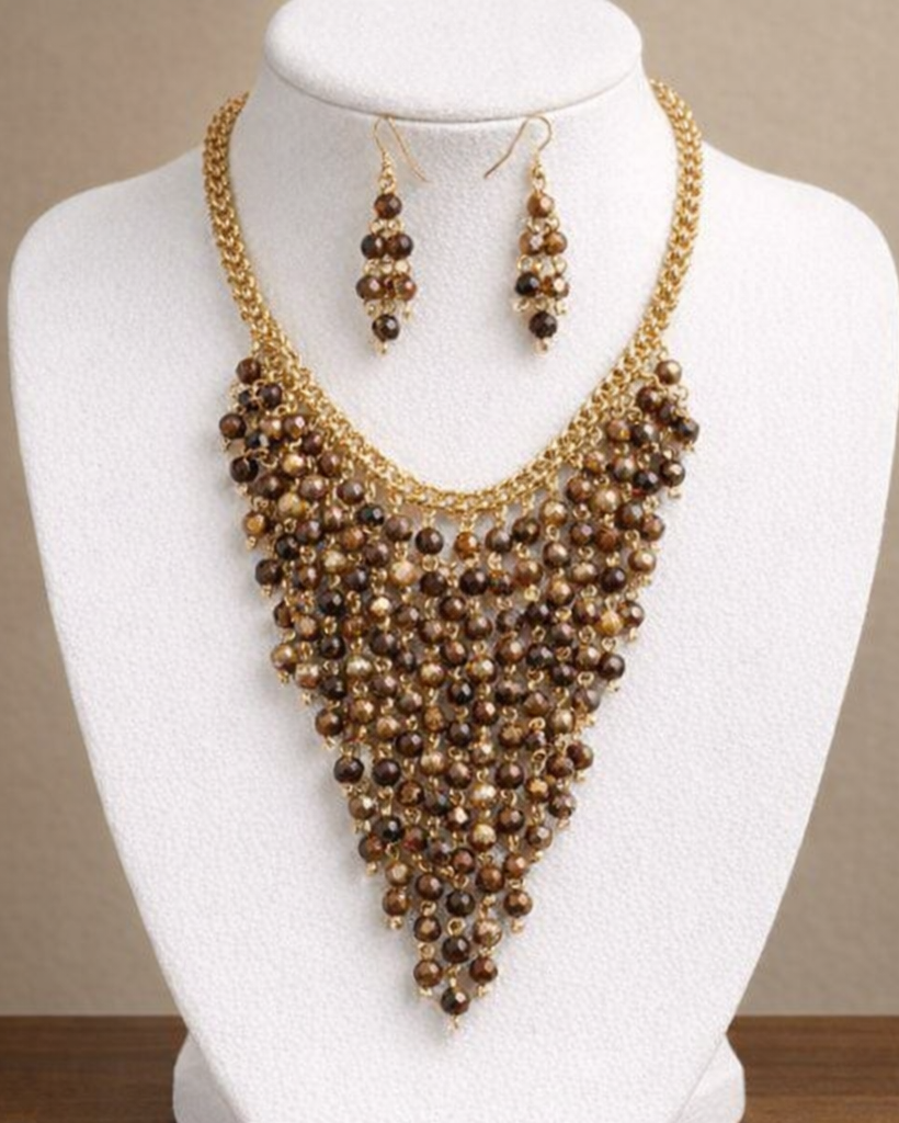 Multi-Color Metal & Wood Bead Fringe Necklace Set