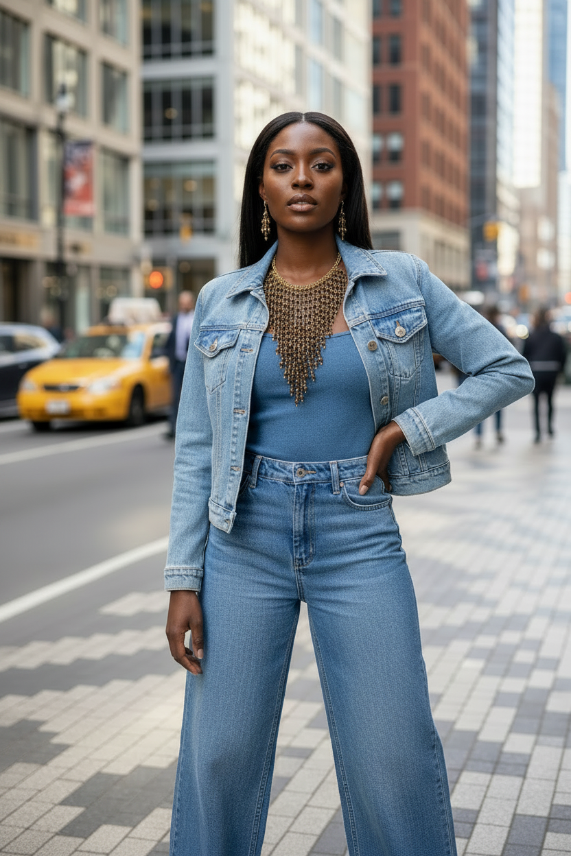 Woman in a denim outfit standing on a city street