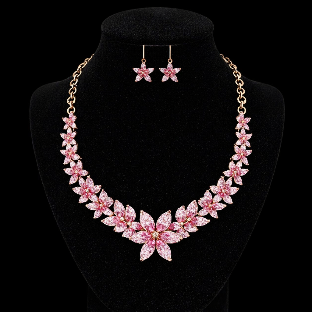 Pink & white Floral Rhinestone Statement Set