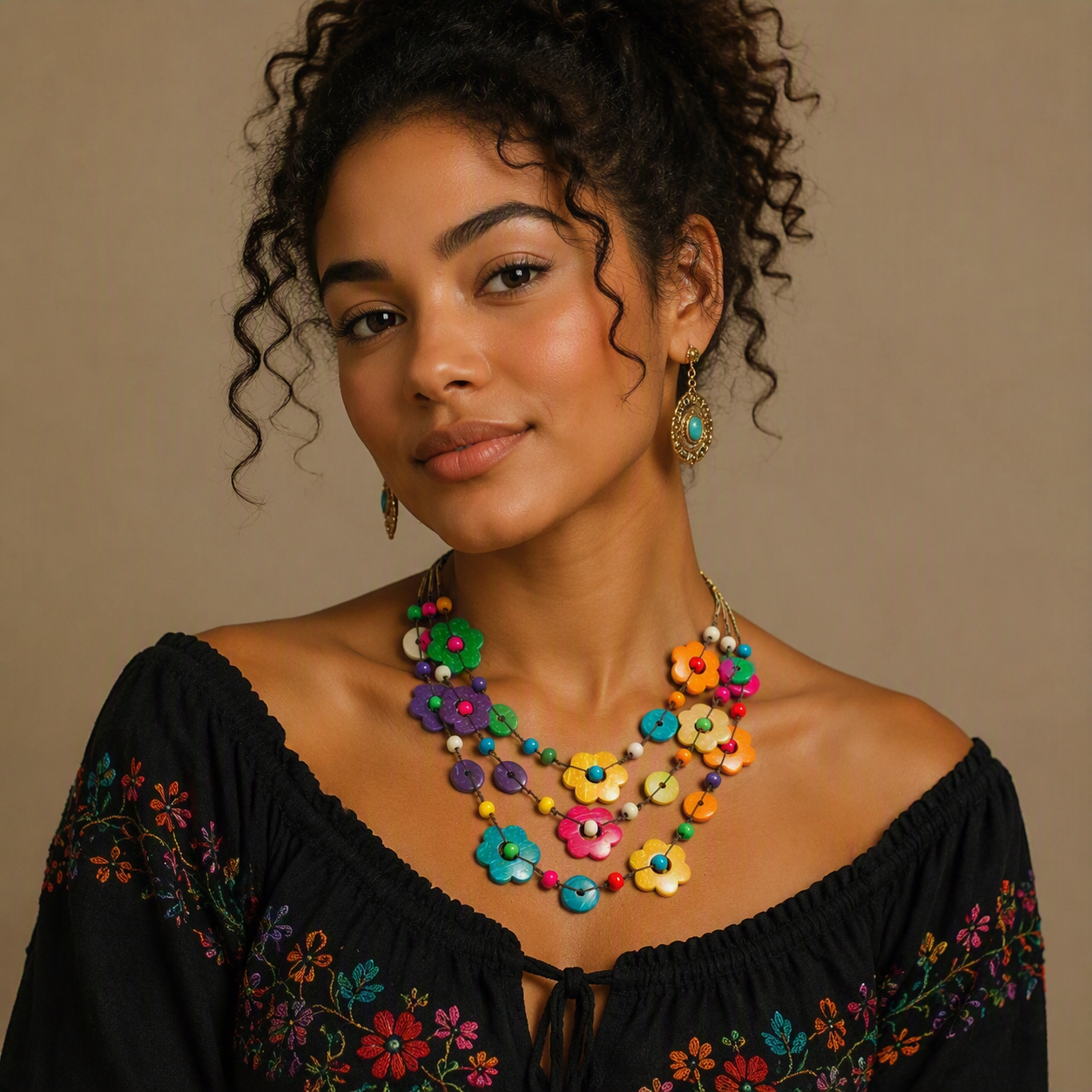 Colorful Multi-Strand wood flower Necklace