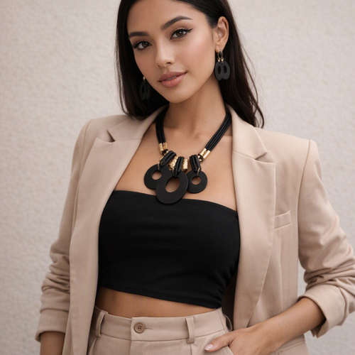Black Oval Acrylic Multi Strand Cord Necklace Set
