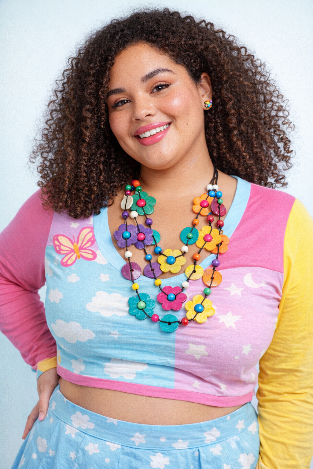 Colorful Multi-Strand wood flower Necklace