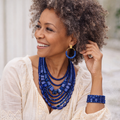NAVY BLUE PAINTED MULTI-STRAND WOOD NECKLACE, BRACELET & EARRING SET