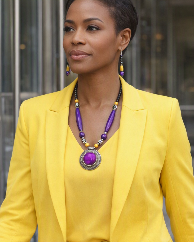 A woman wearing a bright yellow blazer and matching top, styled with a purple and gold beaded statement necklace and matching drop earrings, set against a blurred glass building background.