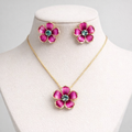 Fuchsia Enamel Flower Pendant and Earrin Set