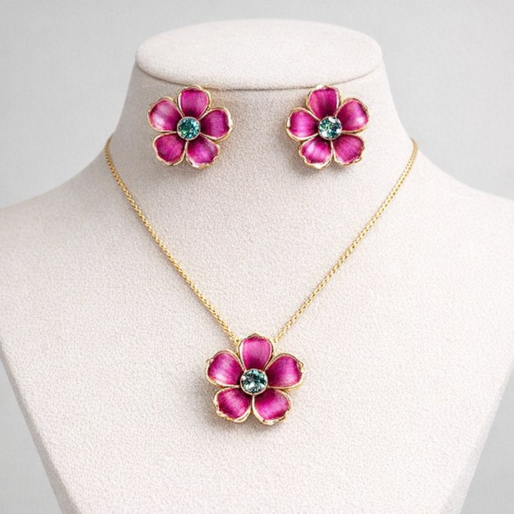 Fuchsia Enamel Flower Pendant and Earrin Set