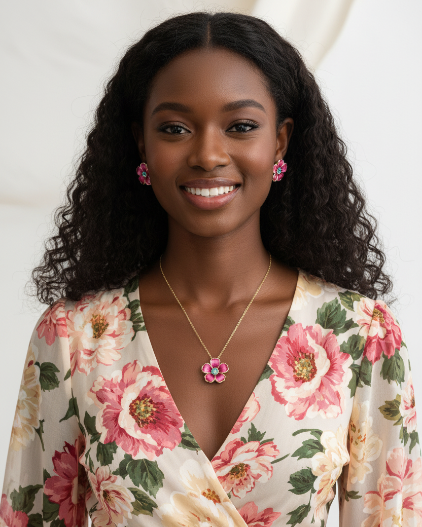 Woman wearing a floral dress with a white background