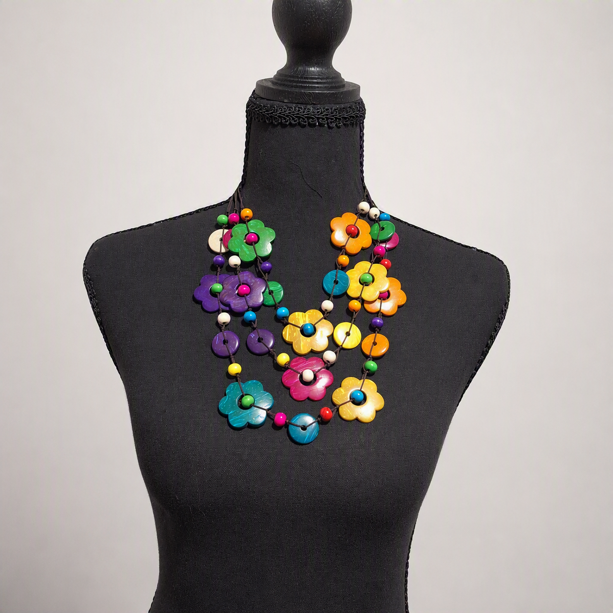Colorful Multi-Strand wood flower Necklace