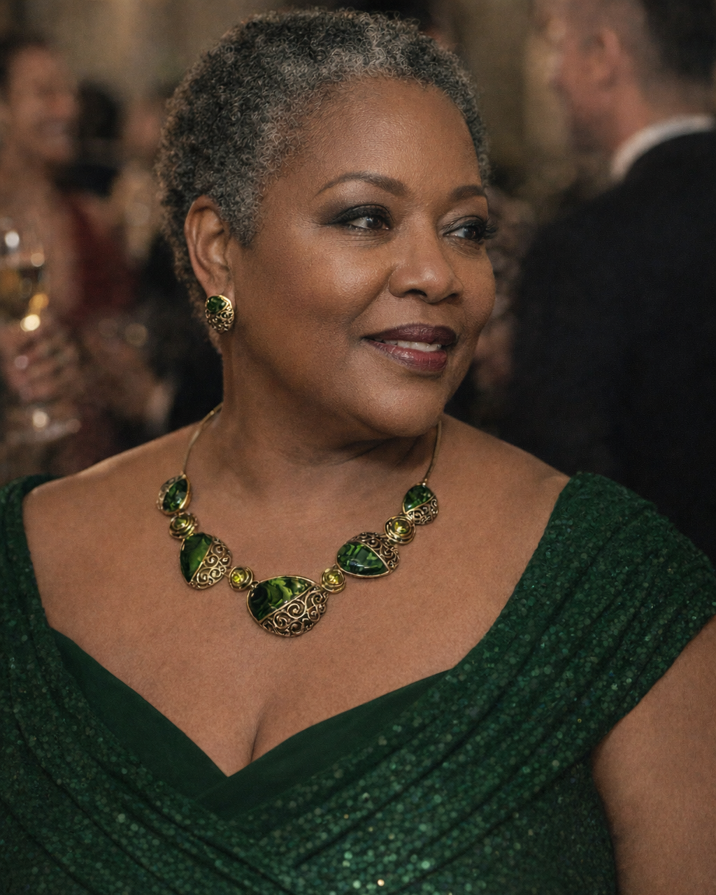 Woman wearing a green dress and necklace in an indoor setting