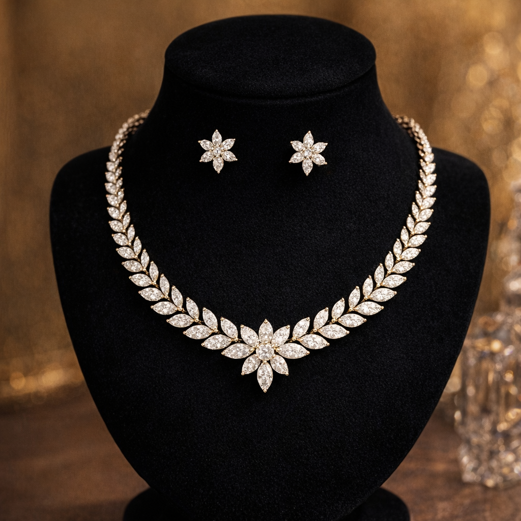Jewelry set with necklace and earrings on a black stand against a blurred background
