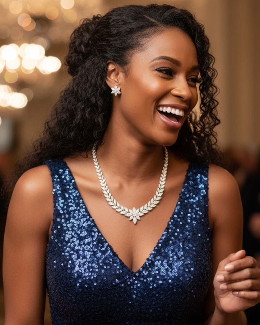 A woman smiling in a sparkling navy blue sequined evening gown, accessorized with a silver necklace and earrings, in a warmly lit indoor event setting.
