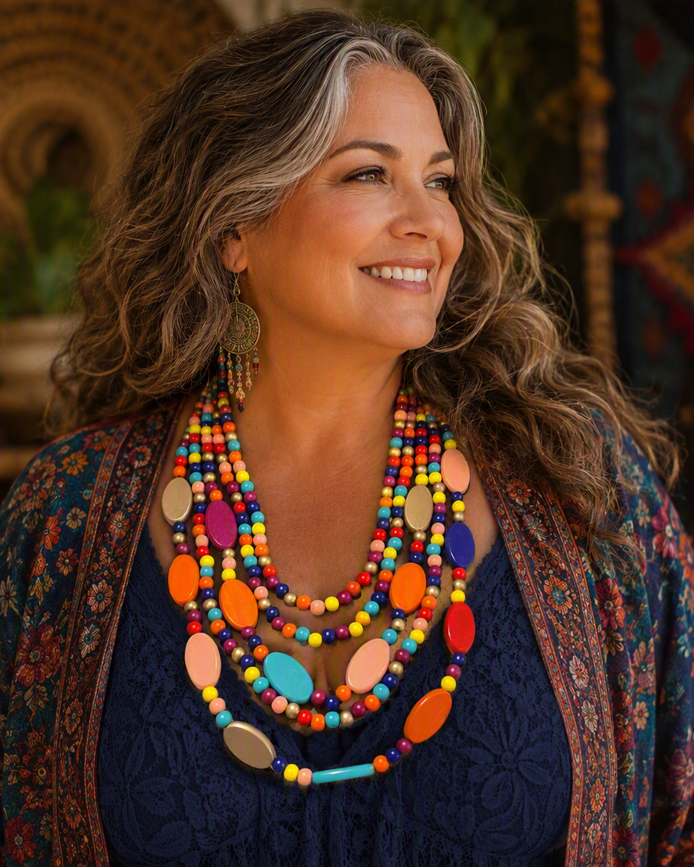 A smiling woman with wavy gray-blonde hair wears a colorful layered beaded necklace with large oval and round beads in orange, blue, yellow, pink, and white, along with matching earrings and a dark patterned top and cardigan in a warm, decorated indoor setting.