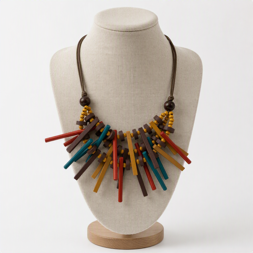 Multi-Colored Bohemian Geometric Wooden Necklace