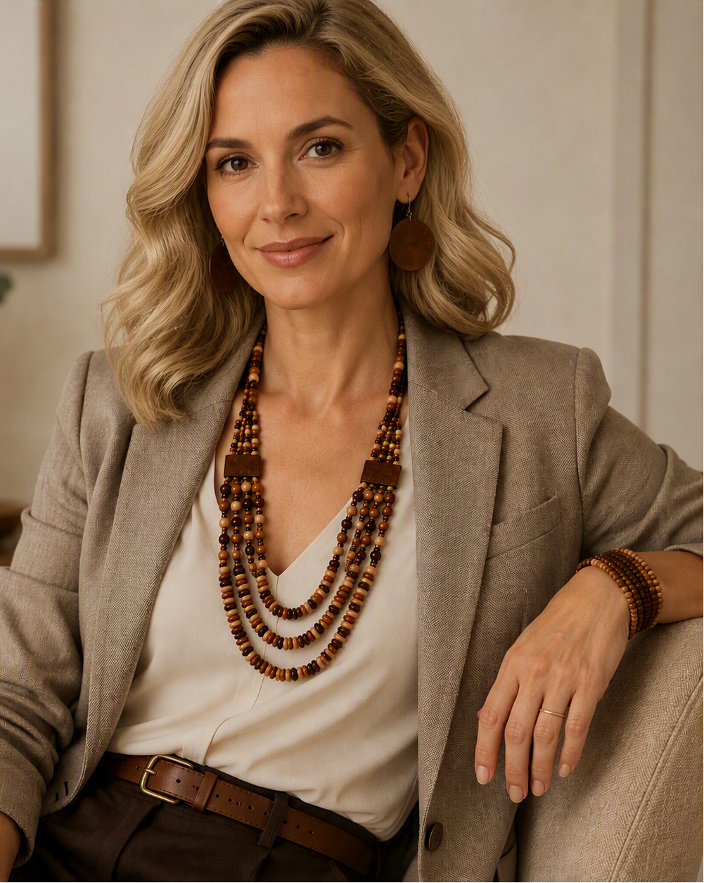 A woman with blonde wavy hair wearing a beige blazer, white blouse, brown trousers, and a long multi-strand brown beaded necklace, seated in a softly lit indoor setting.