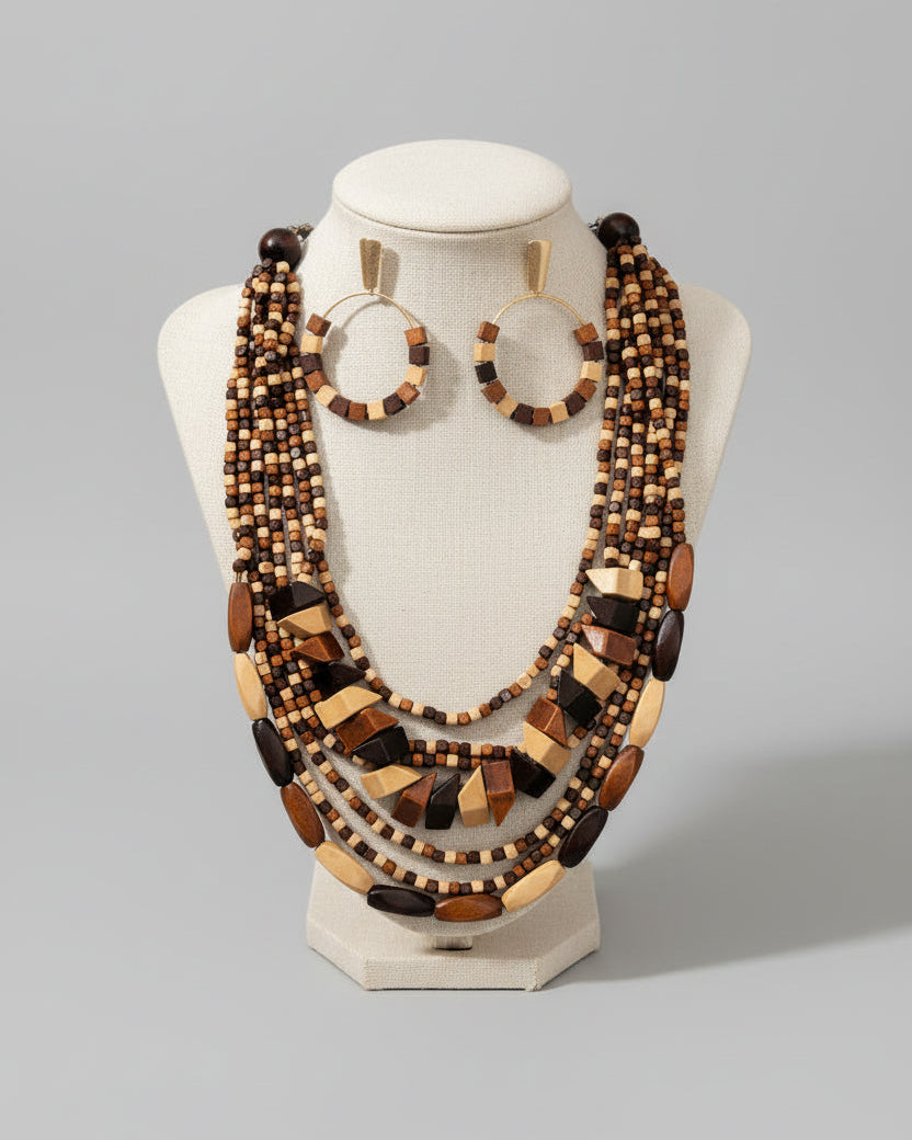 Dark Multi-Strand Wood Necklace Set