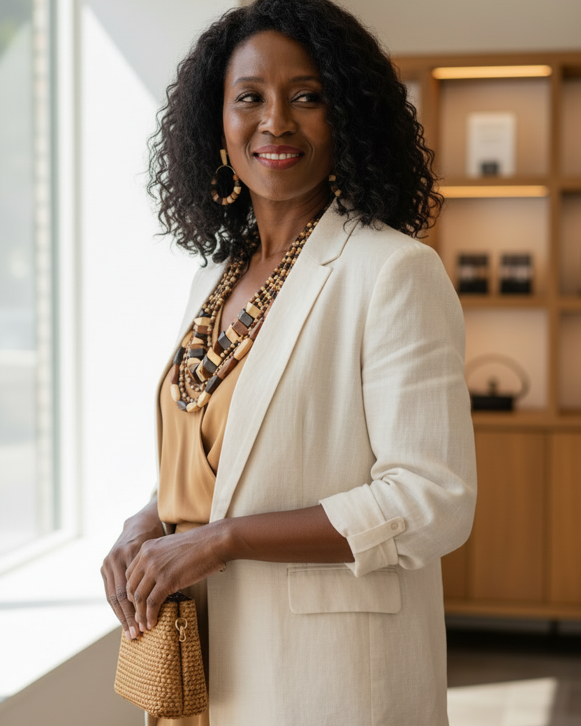 Wooden beaded necklace and earrings on a wooden surface
