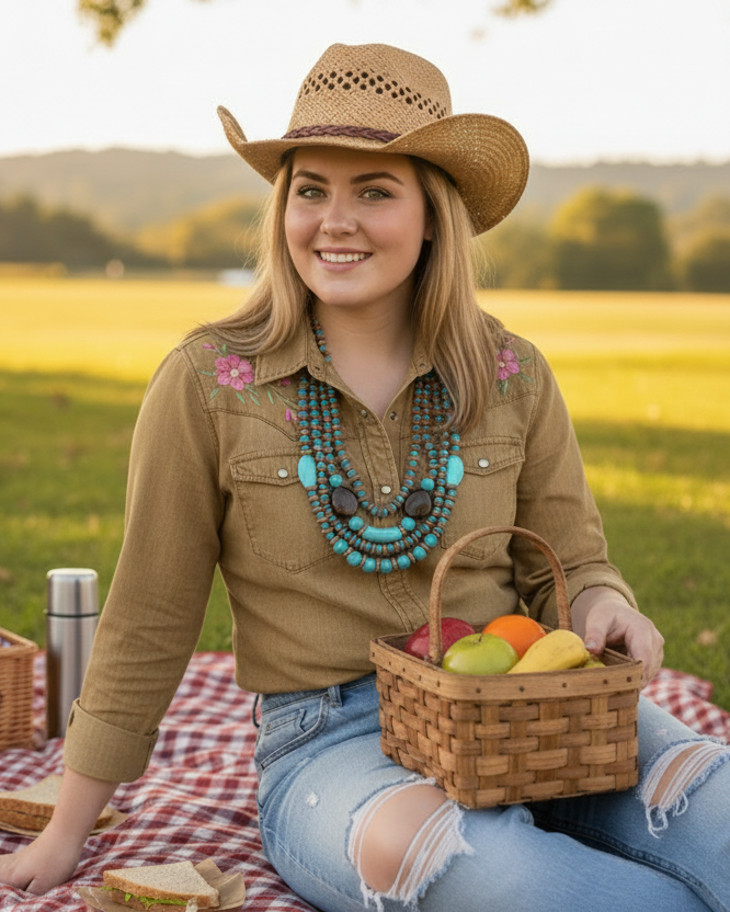 Woman in a cowboy hat sitting at a picnic with a basket of fruit and a blanket on the grass.