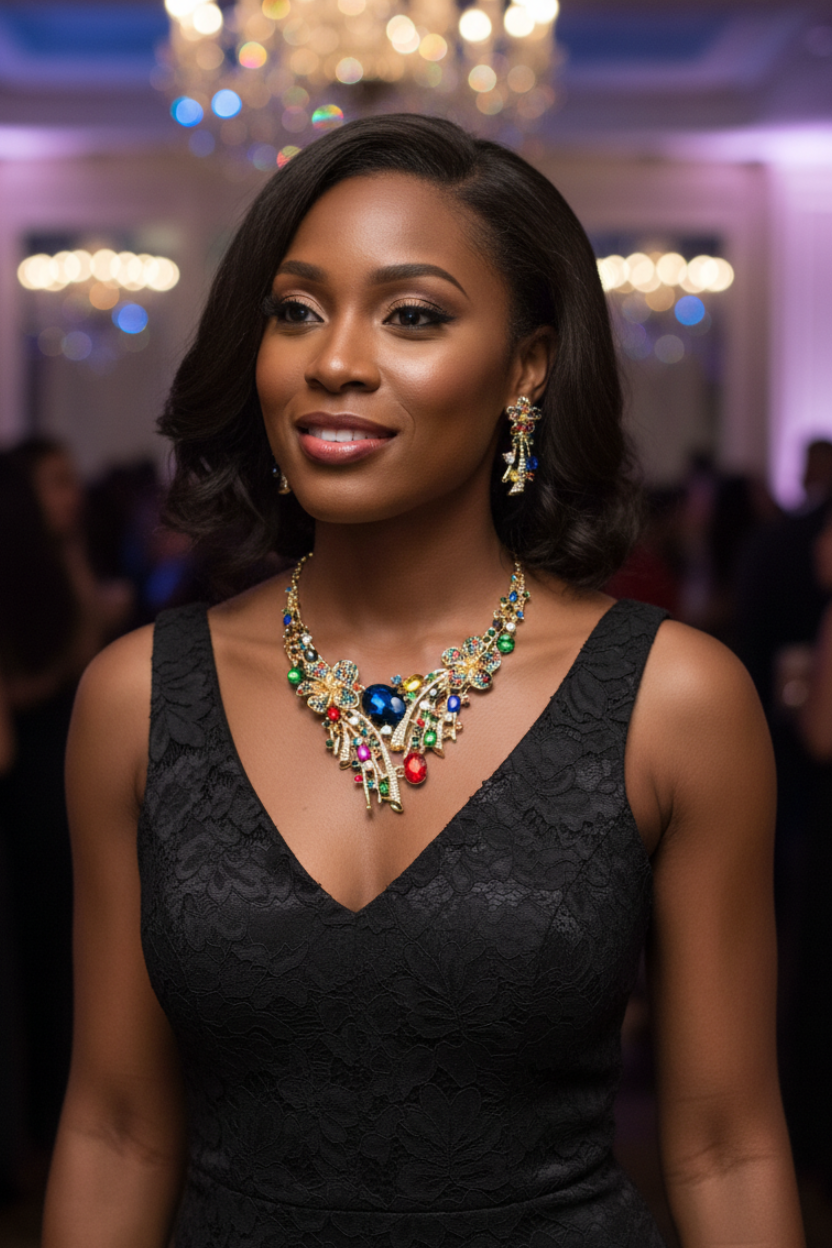 Jewelry set with necklace and earrings on a black stand