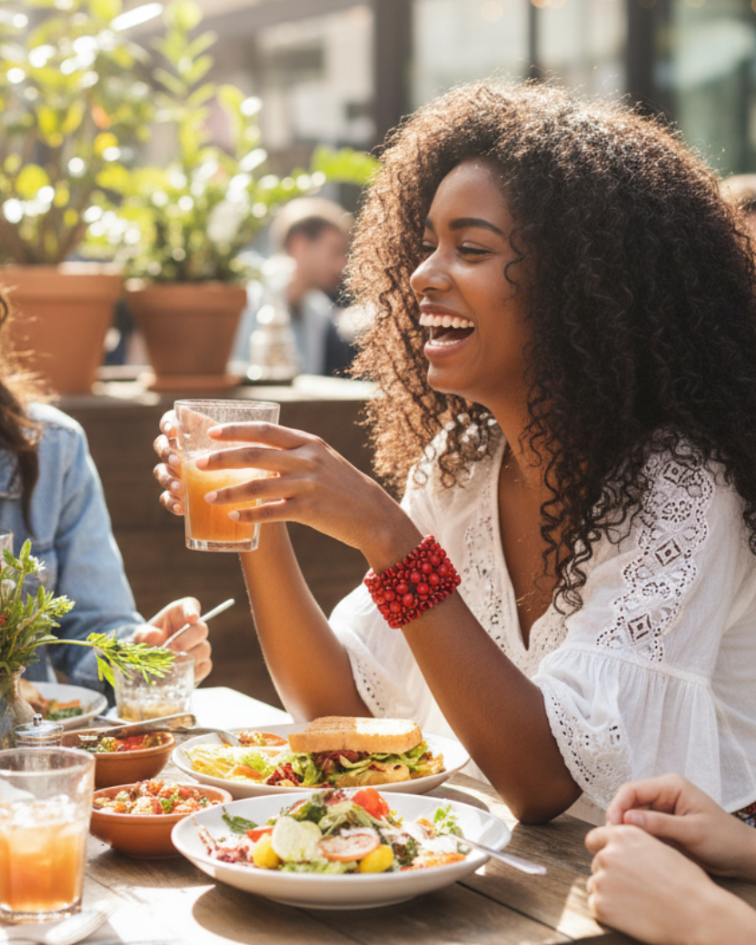 Three women enjoying a meal together at an outdoor restaurant.