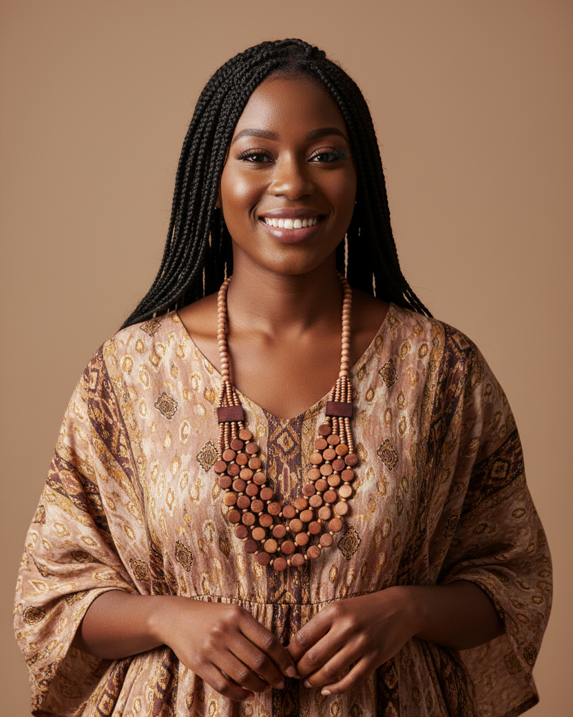 Woman wearing a patterned dress and large beaded necklace against a brown background