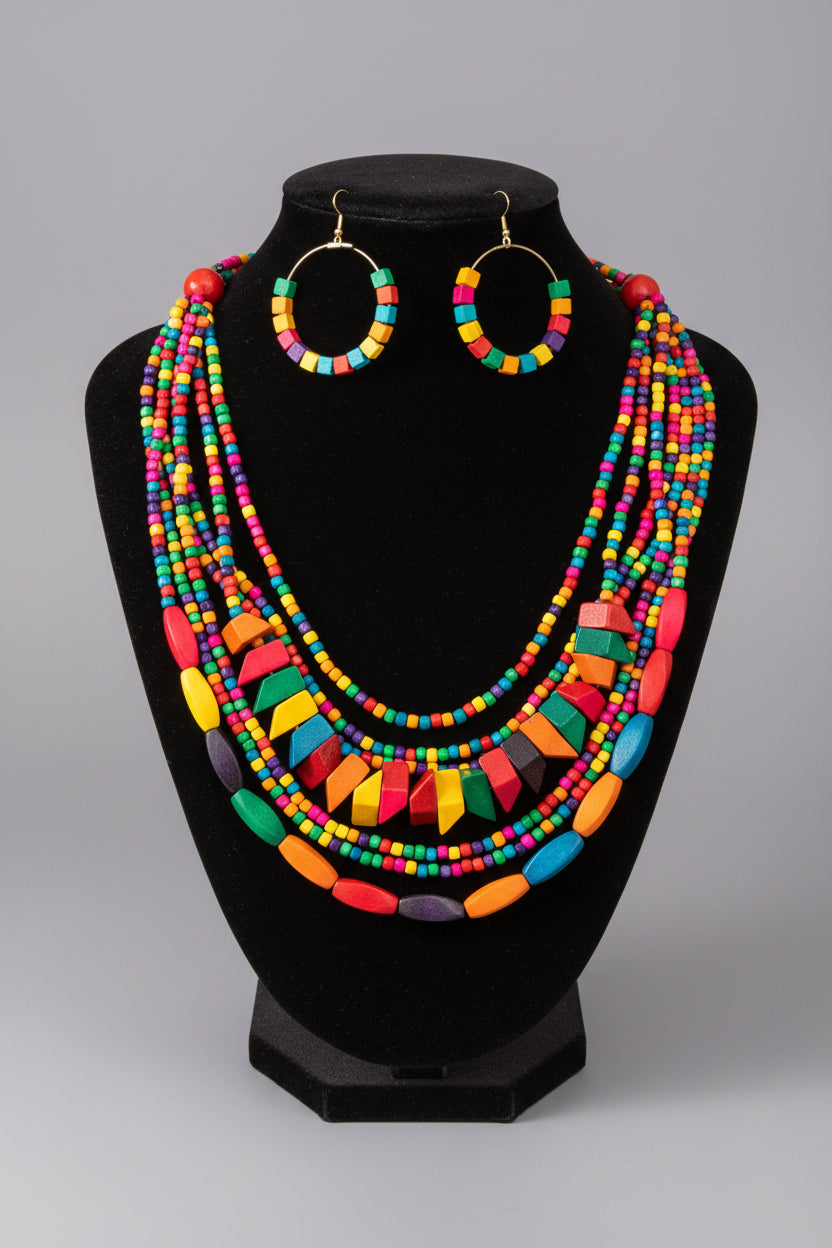JEWEL TONED MULTI-STRAND WOOD NECKLACE SET II