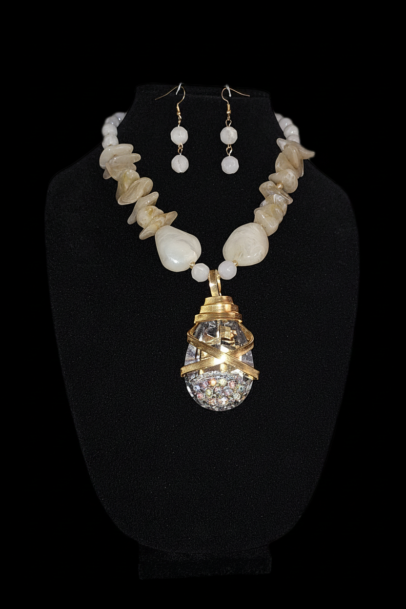 Necklace with a large crystal pendant and matching earrings on a black stand.