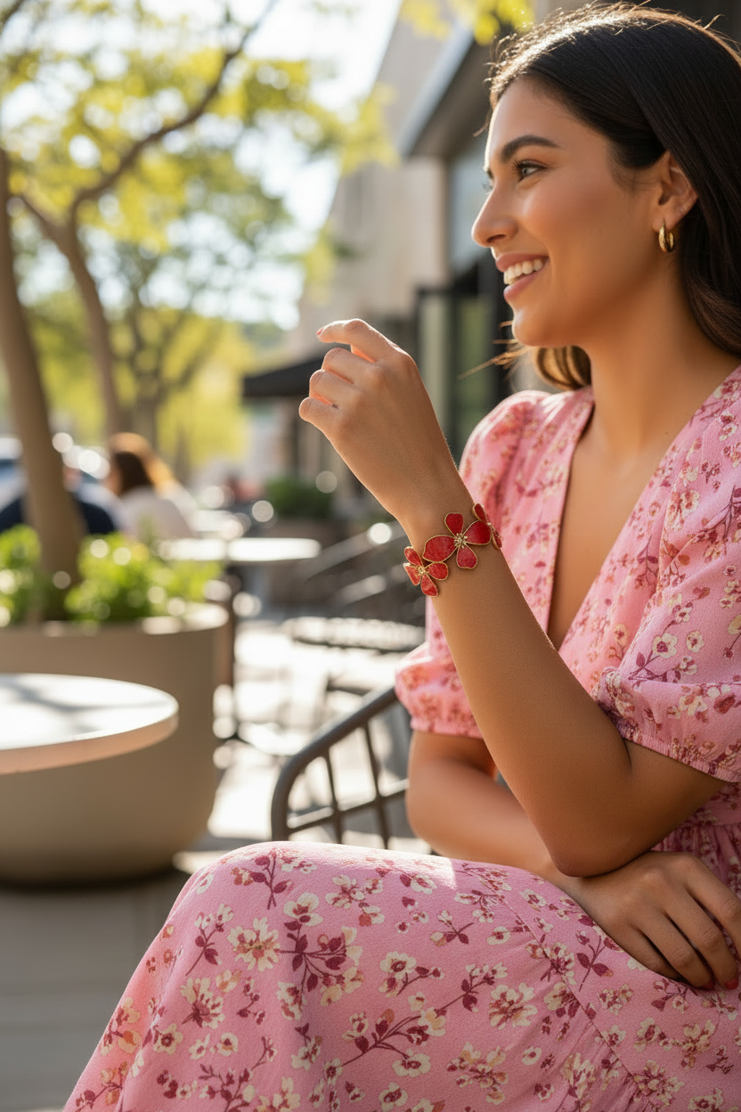 Fuchsia Enamel flower Cuff Bracelet