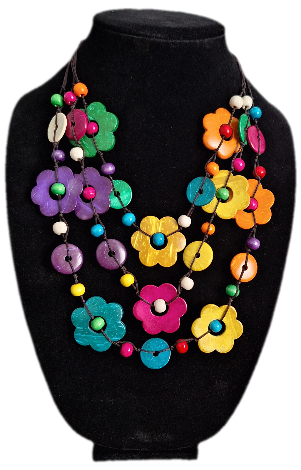 Colorful Multi-Strand wood flower Necklace