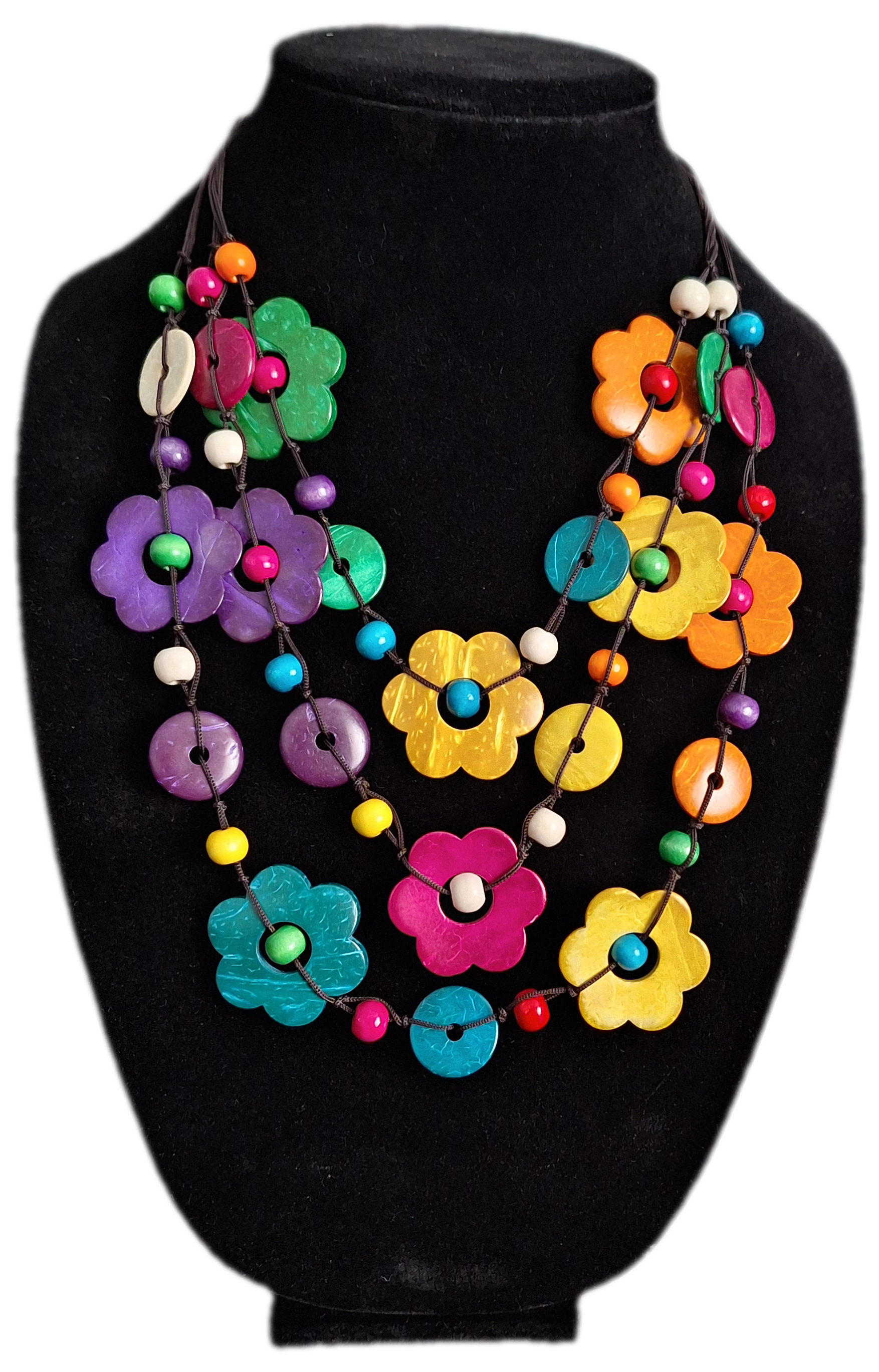 Colorful Multi-Strand wood flower Necklace