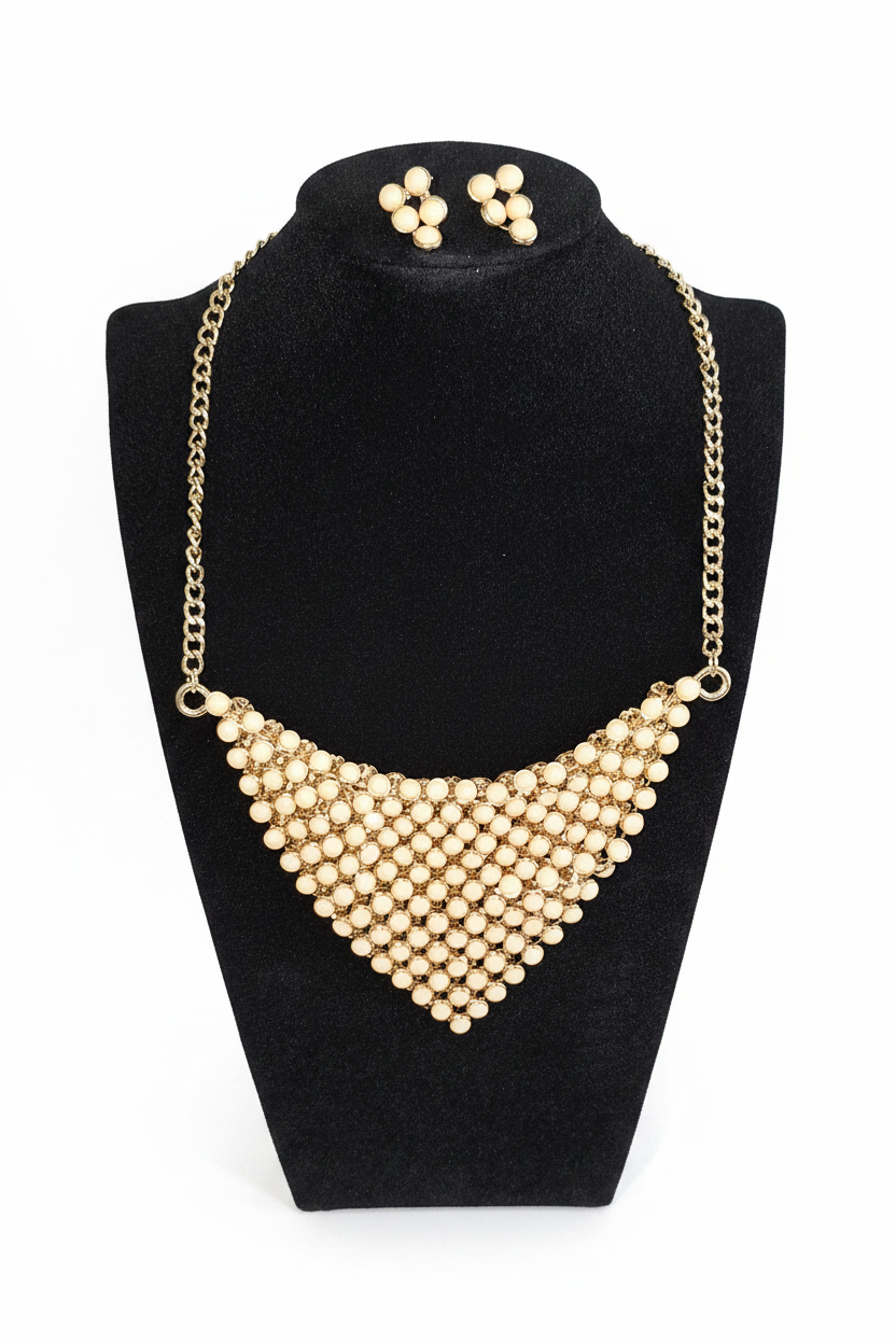 Cream/Gold Reversible Bead Scarf Necklace Set