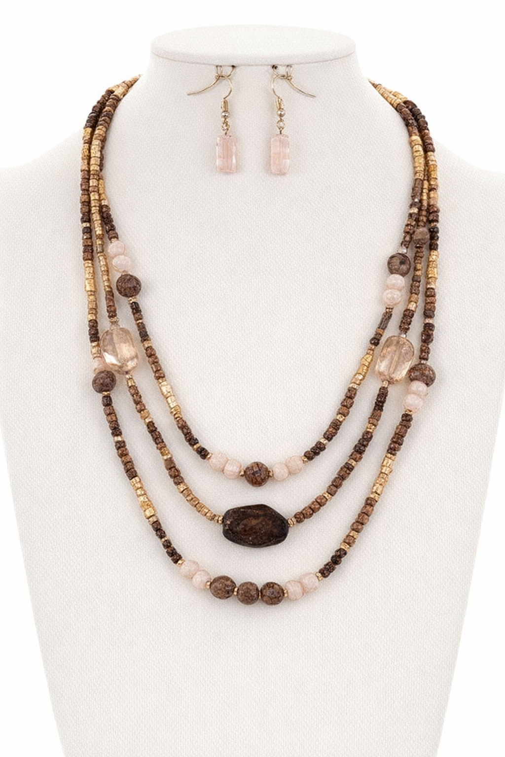 Earth Toned Multi Strand Beaded Glass Necklace & Earring Set