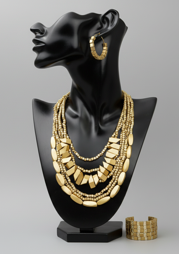 GOLD PAINTED MULTI-STRAND WOOD NECKLACE, BRACELET & EARRING SET