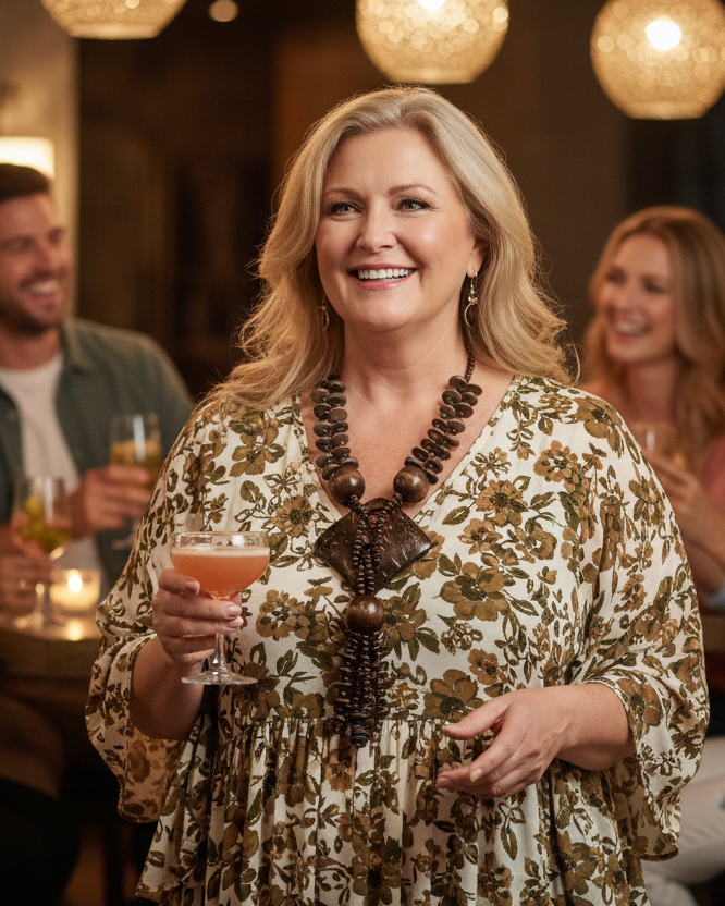 Necklace with wooden beads and a large central piece on a mannequin bust.