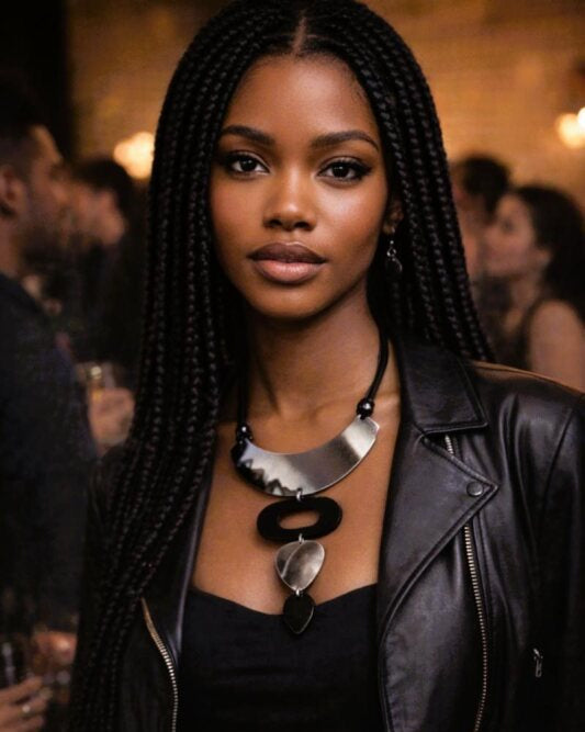 Woman wearing a black leather jacket and black top with a silver necklace in a blurred indoor setting