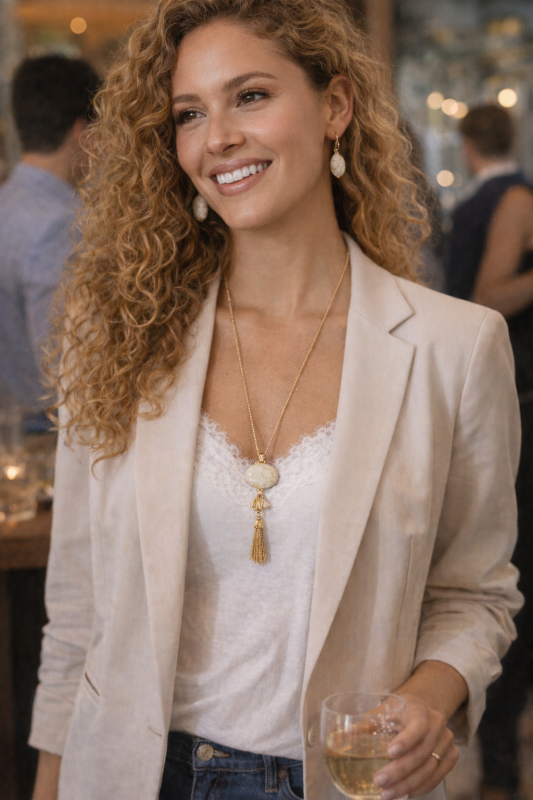 Stone Pendant Long Necklace & Earring Set